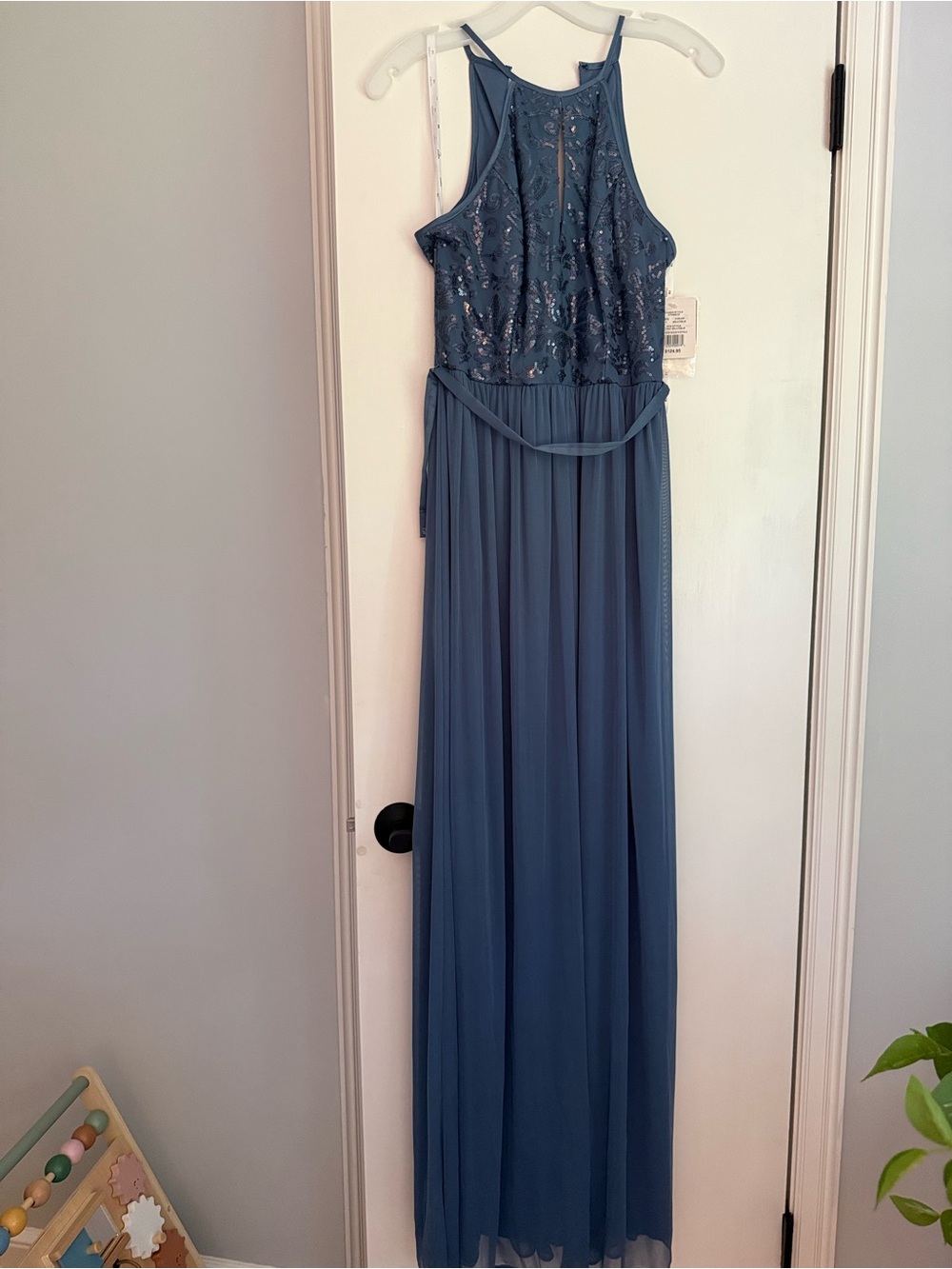 David's Bridal Beaded Halter Maxi Dress in Dusty Blue